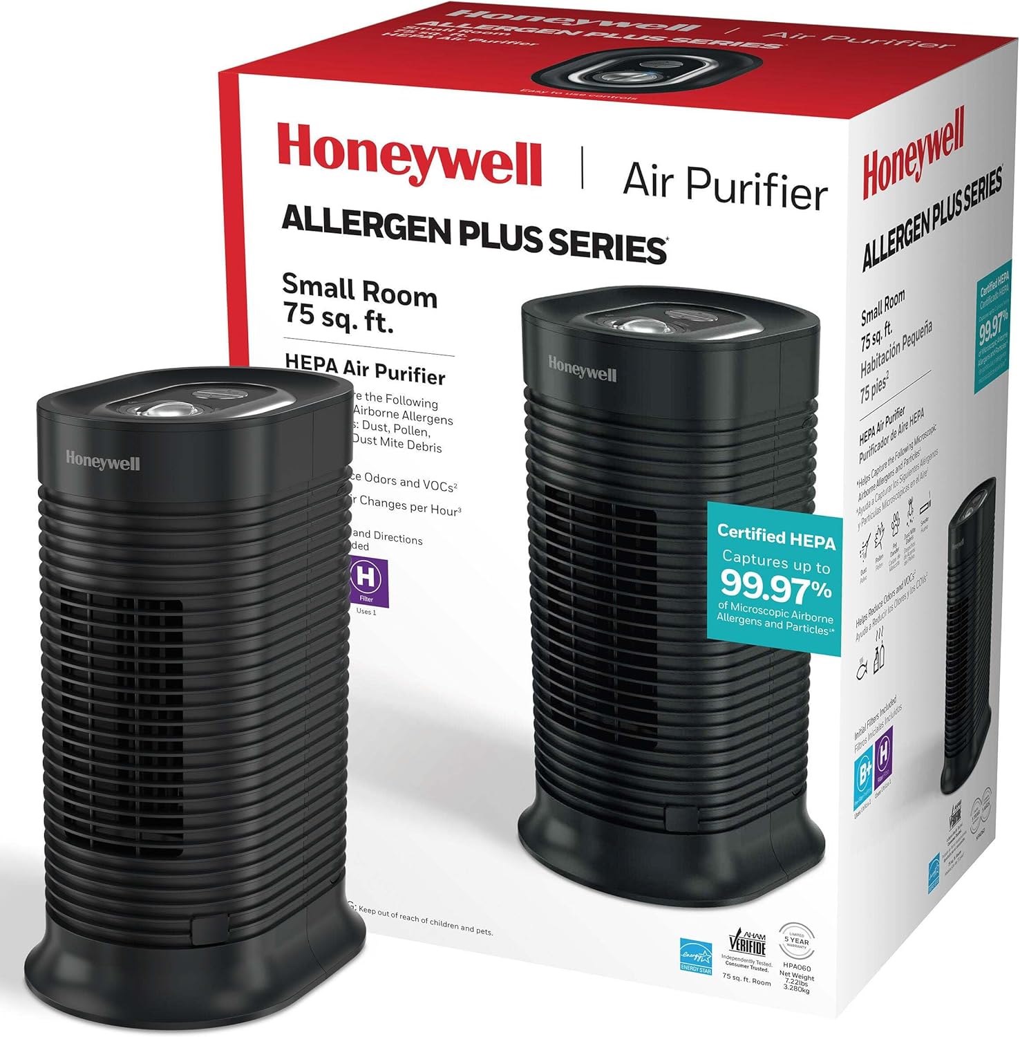 Honeywell HPA060 HEPA Tower Air Purifier, Airborne Allergen Reducer for Small Rooms (75 sq ft), Black - Wildlfire/Smoke, P...
